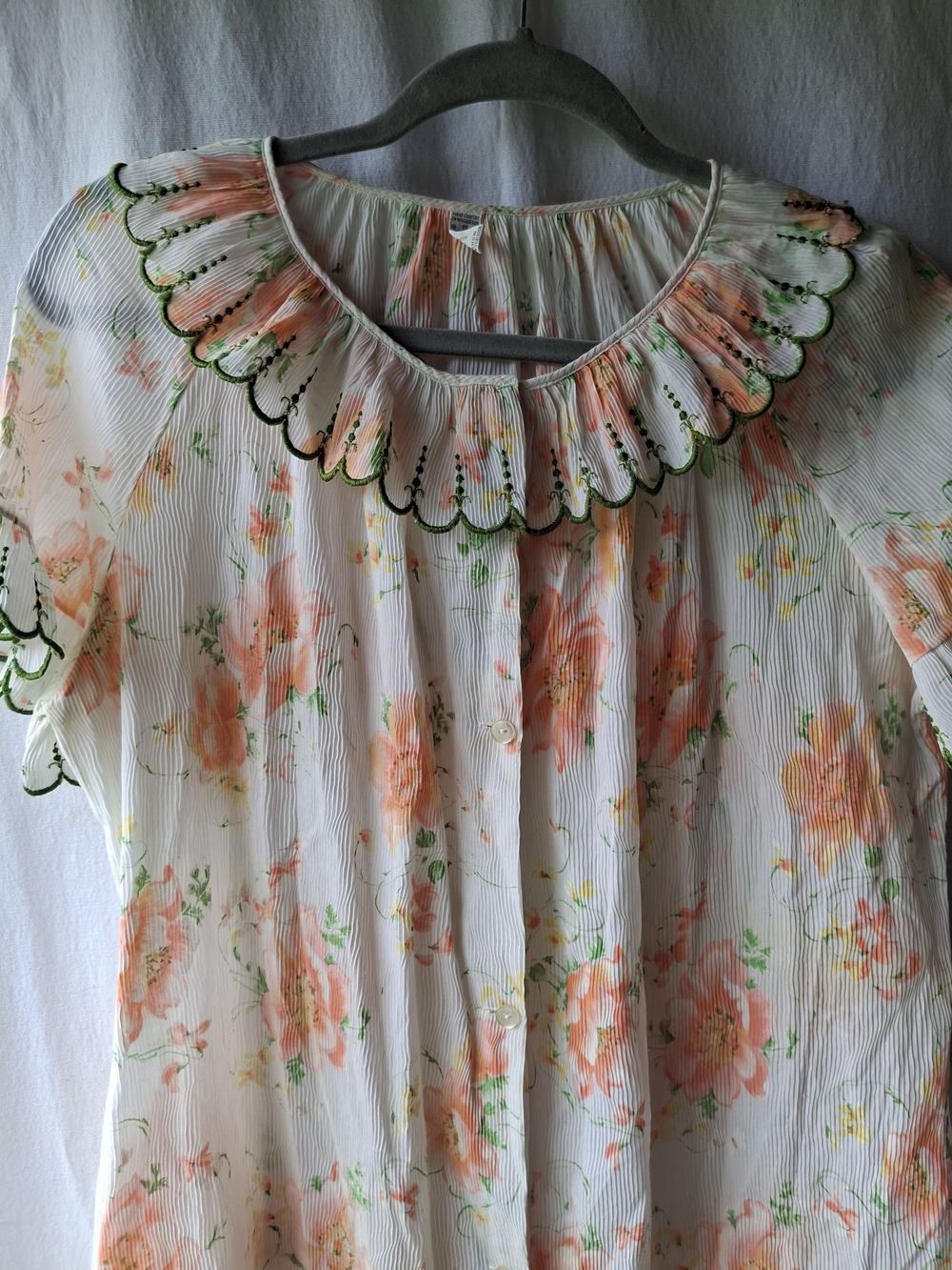Sheer Cream Peach Floral Housecoat with Scalloped Collar